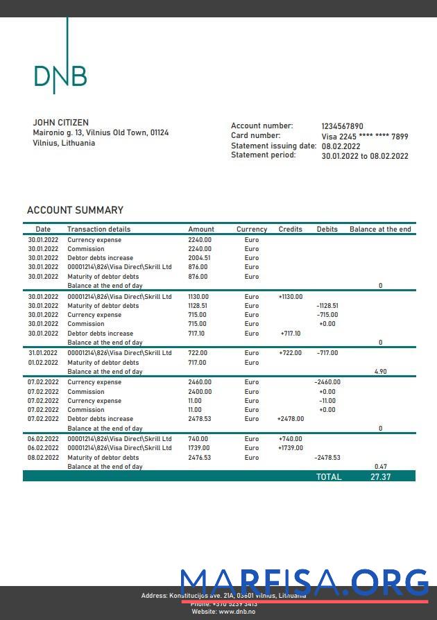Blank Lithuania DNB (Litva) bank statement word template